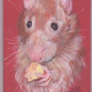 Rat, rat avec fromage ACEO, petit portrait d’animal de compagnie, aceo aimant aceo sur chevalet, cartes à collectionner art, art collection, petit art, acrylique