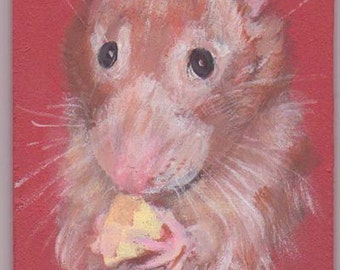 Rata, rata con queso ACEO, pequeño retrato de la mascota, aceo imán aceo en caballete, tarjeta de comercio de arte, arte coleccionable, arte pequeño, acrílico