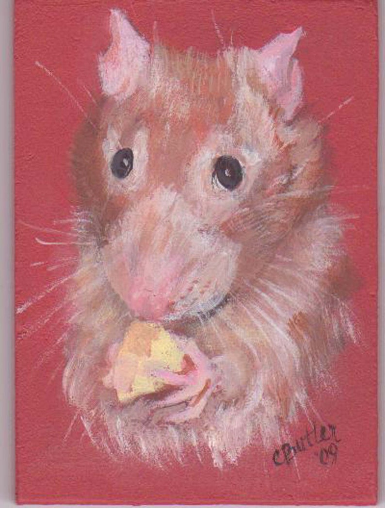 Puede incluir: Una pintura de una rata marr&oacute;n y blanca con orejas y nariz rosadas, sosteniendo un trozo de queso amarillo en sus patas. La rata est&aacute; sobre un fondo rojo. La pintura est&aacute; firmada "C. Butler '99".