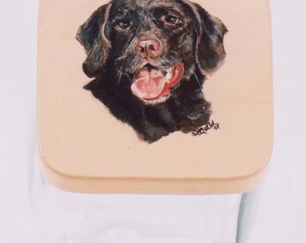 Chocolate Lab Pet Treat Jar, handpainted pet treat jar, custom made airtight lid for pet treat jar, glass jar, portrait of pet on  treat jar