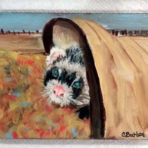ACEO, Ferret in tunnel , small portrait of pet,  aceo magnet , aceo on easel,art trading card,collectible art,small art,ferret
