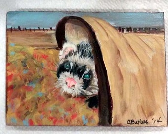 ACEO, Ferret in tunnel , small portrait of pet,  aceo magnet , aceo on easel,art trading card,collectible art,small art,ferret