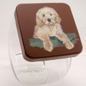 pet treat jar, Goldendoodle Treat Jar, handpainted , custom made airtight lid for pet treat jar, glass jar, portrait of pet on pet treat jar image 1