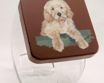 tarro de la delicia del animal doméstico, tarro del tratamiento de Goldendoodle, pintado a mano, tapa hermética hecha a medida para el frasco de la delicia del animal doméstico, frasco de cristal, retrato de la mascota en el frasco de la golosina del animal doméstico