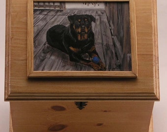 Pet urn, memorial box, large pet urn, custom portrait of pet on memorial box, oversized urn to hold pet leash pet toy