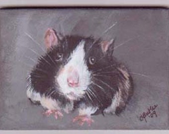 Rata, imán ACEO, imán aceo, 2 x 3 retrato de mascota pequeña, aceo en caballete, tarjeta de comercio de arte, arte coleccionable, arte pequeño, rata blanca y negra