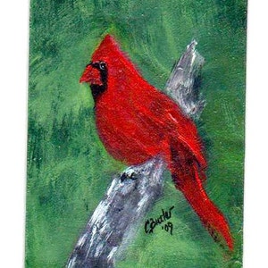 Red and Green ACEO, cardinal, 2 x 3 portrait, aceo magnet,art trading card,collectible art,small art,red bird, acrylic image 1