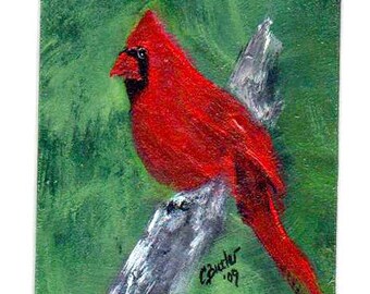 Red and Green ACEO, cardinal, 2 x 3 portrait, aceo magnet,art trading card,collectible art,small art,red bird, acrylic