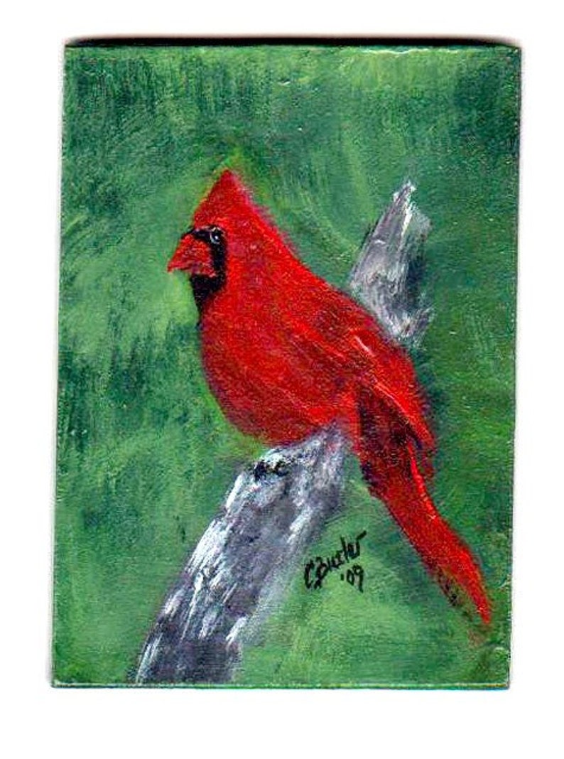 Red and Green ACEO, cardinal, 2 x 3 portrait, aceo magnet,art trading card,collectible art,small art,red bird, acrylic image 1