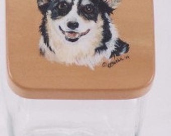 Corgi treat jar handpainted pet treat jar, custom airtight lid for pet treat jar, glass jar, portrait of pet on  treat jar