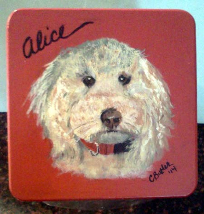 pet treat jar, Goldendoodle Treat Jar, handpainted , custom made airtight lid for pet treat jar, glass jar, portrait of pet on pet treat jar image 2