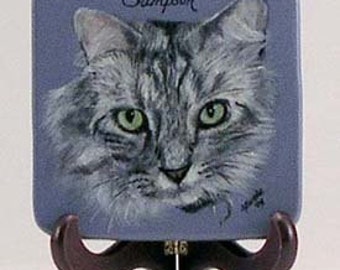 Pet portrait, pet portrait on display disk, pet memorial painting, small disk with pet portrait, easel with pet portrait, cat memorial