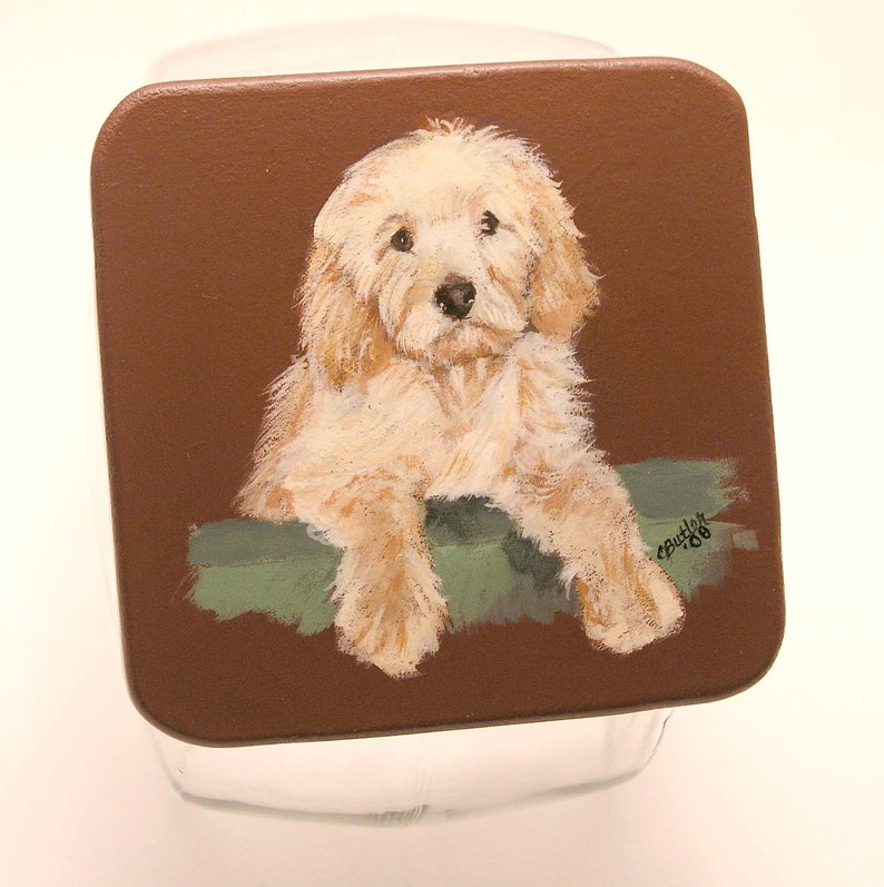 pet treat jar, Goldendoodle Treat Jar, handpainted , custom made airtight lid for pet treat jar, glass jar, portrait of pet on pet treat jar image 3