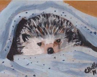 Hedgehog ACEO Magnet, 2 x 3 small portrait,  acrylic painting ,small pet portrait on easel,art trading card,collectible art,small art,