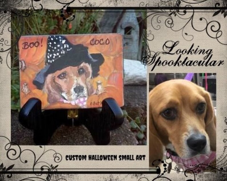 May include: A custom painted Halloween-themed small art piece featuring a dog wearing a witch hat. The dog is painted on a small square tile with a black background and the words "Boo!" and "Coco" are painted on the tile. The tile is on a small black stand.