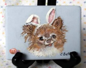 Easter bunny, Easter puppy, small portrait, magnet. Easter decoration ,small animal portrait,art trading card,collectible art,small art