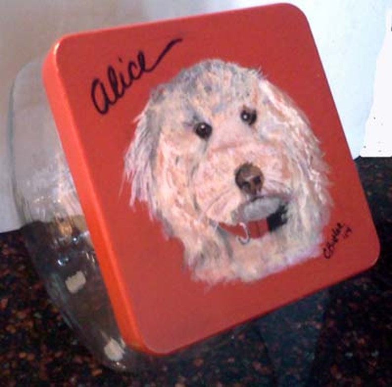 pet treat jar, Goldendoodle Treat Jar, handpainted , custom made airtight lid for pet treat jar, glass jar, portrait of pet on pet treat jar image 4