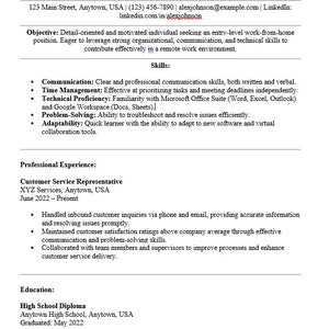 Può includere: Un curriculum vitae per Alex Johnson, un rappresentante del servizio clienti che cerca una posizione di livello base da svolgere da casa. Il curriculum evidenzia le competenze in comunicazione, gestione del tempo, competenza tecnica, risoluzione dei problemi e adattabilità. Include anche l'esperienza come rappresentante del servizio clienti presso XYZ Services, Anytown, USA, da giugno 2022 ad oggi.