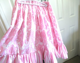 Pink Damask Prairie Skirt: Girls Size 24" Waist, Pink Stripe Ruffle  1776 costume