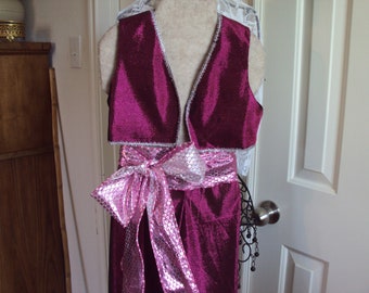 Adult Genie costume in raspberry trimmed with silver, Adult size Med