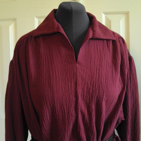 Poets shirt, Renaissance shirt, pioneer shirt, burgandy color gauze  adult sizes