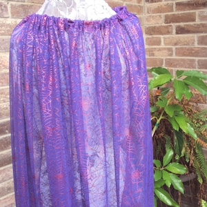Purple chiffon net capelet with red spider webs,  purple cape trick or treat, adult cape, Halloween costume, child cape