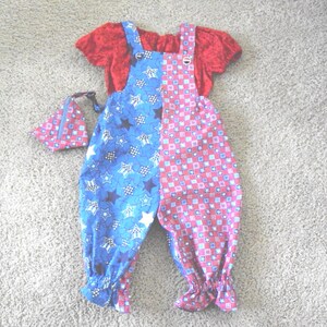 Patriotic clown  Costume  overalls, romper,  4th of July   peasant blouse, coin purse  OOAK , Halloween