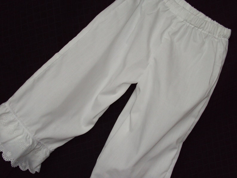 White Pantaloons--use under hoop dresses,--one row of eyelet lace--terrific under long full Dresses-old timey costumes COVID FAMILY FUN