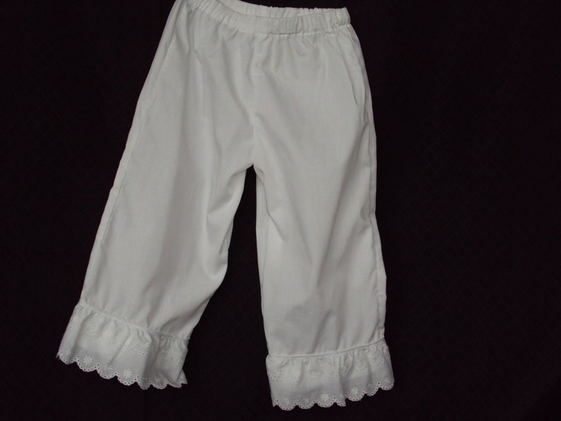 White Pantaloons--use under hoop dresses,--one row of eyelet lace--terrific under long full Dresses-old timey costumes COVID FAMILY FUN