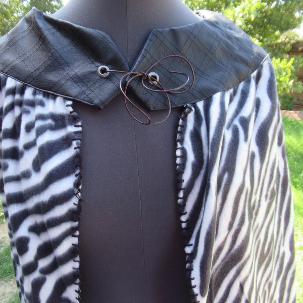 Zebra print costume cape, The croods, conan, African cape, black and white adult sizes