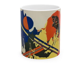 Abstract "Contemplating Other Worlds" Mug - Rodin's Thinker Inspired Art, Vivid Ceramic 11oz.Coffee Cup