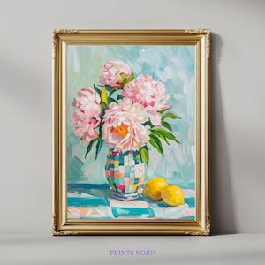 Summer Peony Flower Digital Oil Painting,Colorful Vase with Lemons Mint Blue Background,Floral Wall Art Kitchen Dining Decor,Gifts for Girls