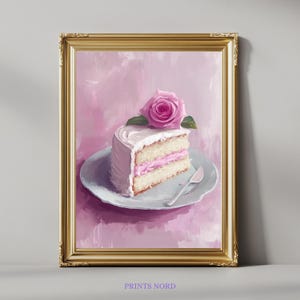 Pink Romantic Rose & Cake Art Print,Digital Oil Painting Nordic Home Decor,Feminine Dessert Floral Bakery Wall Art,Gift Idea For Girlfriend