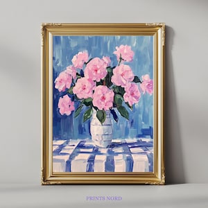 Pink Camellia Flowers Digital Oil Painting,Elegant Floral Wall Art Print,Romantic Cottagecore Botanical Artwork,Summer Gift for Flower Lover