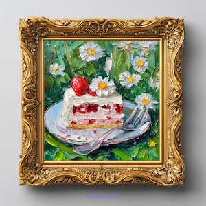 Strawberry Cake&Daisies Printable Art,Floral Dessert Oil Painting,Cottagecore Kitchen Home Decor,Sweet Summer Digital Wall Art,Feminine Gift