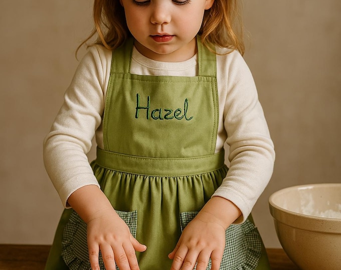 Embroidered Personalized Kids Apron with Ruffle & Pockets - Cotton Pinafore for Toddler Girls