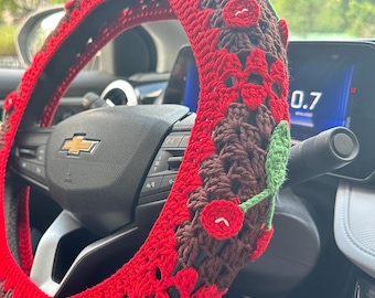 gehäkelte Kirsch-Lenkradabdeckung, gehäkelte Sicherheitsgurtabdeckung, gehäkelte Lenkradabdeckung, Frauenautozubehör, gehäkelte Autozubehör