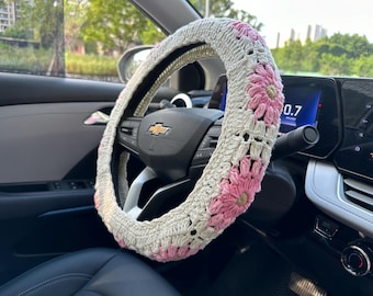 Light Pink Car Steering Wheel Cover,Crochet Sunflower Steering Wheel Cover,Cute Steering Wheel Cover,Men and Women car accessories ,car gift