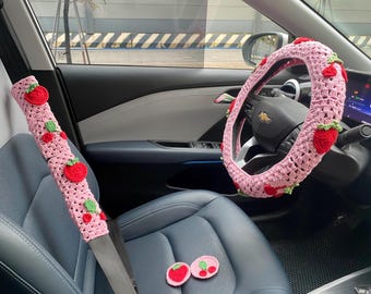 Strawberry Crochet Steering Wheel Cover,Crochet Seat Belt Cover, Steering Wheel Cover crochet,Women car accessories, Crochet car accessories