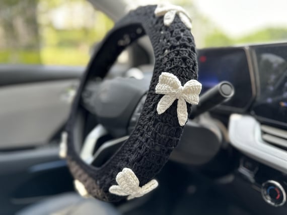 Vintage Black Bow Steering Wheel Cover, Crochet Seat Belt Cover, Steering Wheel Cover crochet,Women car accessories, Crochet car accessories