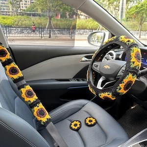 Sunflower Crochet Steering Wheel Cover,Crochet Seat Belt Cover, Steering Wheel Cover crochet,Women car accessories, Crochet car accessories