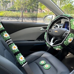 Sunflower Crochet Steering Wheel Cover,Crochet Seat Belt Cover, Steering Wheel Cover crochet,Women car accessories, Crochet car accessories
