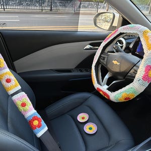 Crochet Steering Wheel Cover,Sunflower Crochet Seat Belt Cover, Steering Wheel Cover crochet,Women car accessories, Crochet car accessories