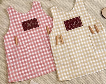 Embroidered Personalized Kids Apron with  Pockets|apron kid girls|cross back with pockets apron|Checkerboard Apron|hand-embroidered apron