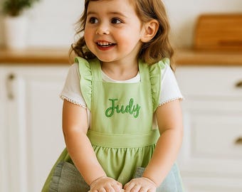 Embroidered Personalized Kids Apron with Ruffle & Pockets - Cotton Pinafore for Toddler Girls|toddler apron|White apron|Black Apron|Yellow