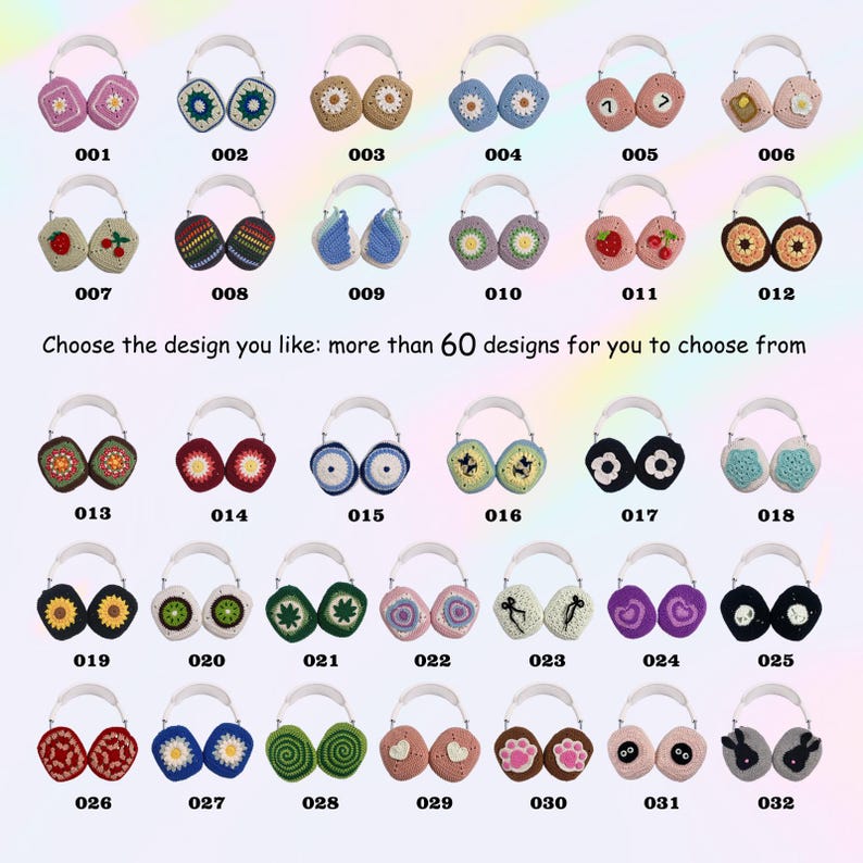 K&ouml;nnte beinhalten: Eine Auswahl von 32 verschiedenen geh&auml;kelten Ohrensch&uuml;tzern mit verschiedenen Designs, darunter Blumen, Herzen, Spiralen und Tierdrucke. Die Ohrensch&uuml;tzer sind in Reihen von vier angeordnet, wobei jeder Ohrensch&uuml;tzer mit einer Nummer von 001 bis 032 gekennzeichnet ist.