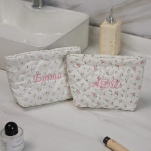 Monogrammed Small Quilted Make Up Bag Floral Makeup Bag Handmade Aesthetic Cosmetic Bag Flower Cosmetic Pouch Quilted CottonTravel Pouch