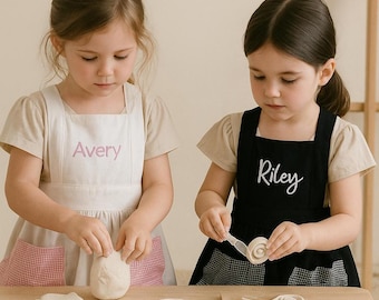 Embroidered Personalized Kids Apron with Ruffle & Pockets - Cotton Pinafore for Toddler|apron kid girls yellow apron|Green apron|Black apron