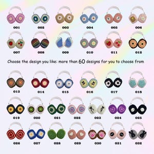 May include: A selection of 32 different crochet ear warmers with various designs, including flowers, hearts, swirls, and animal prints. The ear warmers are displayed in rows of four, with each ear warmer labeled with a number from 001 to 032.