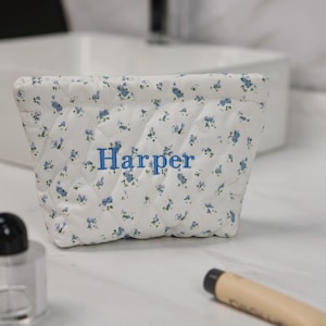 Monogrammed Small Quilted Make Up Bag Floral Makeup Bag Handmade Aesthetic Cosmetic Bag Flower Cosmetic Pouch Quilted CottonTravel Pouch
